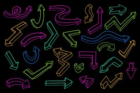 Simple linear Directional Arrows Doodles. Neon-shaped bright Lines Sign Dir.. Illustrazione stock