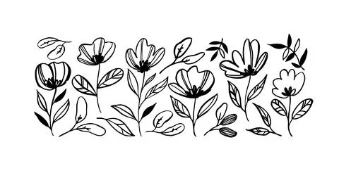 Simple linear flowers on stems isolated on white. Stock Illustration