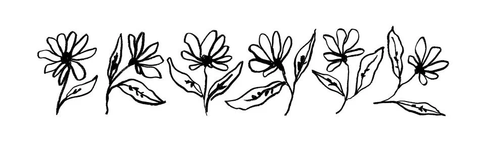 Simple linear flowers on stems isolated on white. Stock Illustration