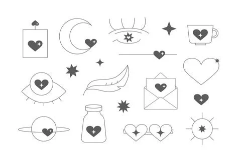 Simple linear groovy valentines day elements. Hippie retro love line vectr Illustrazione stock