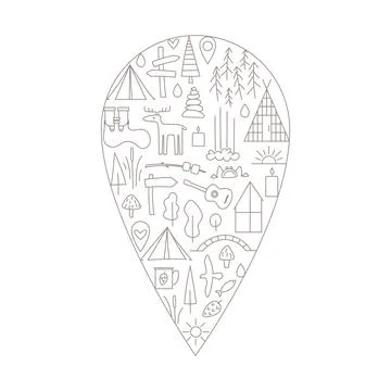 Simple linear illustration on the map pin shape. A lot of line icons of camp Stock Illustration