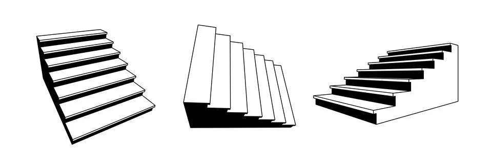Simple linear stairway set. 3d staircase in different perspective. Black and Stock Illustration
