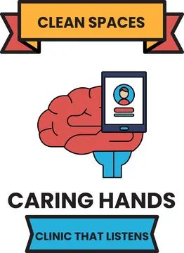 Simple lines show a brain and hand holding a tablet Stockillustratie