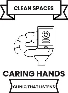 Simple lines show a brain and hand holding a tablet Stock Illustration