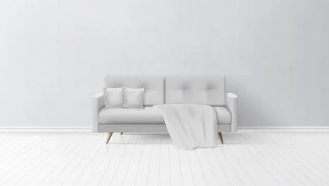 Simple Living Room Interior With Gray Sofa, Pillows, Plaid Stock Illustration