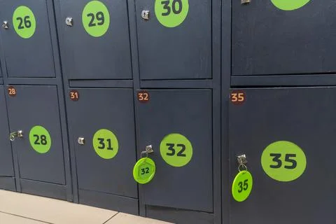 Simple locker storage with numbered keys. Secure bag storage lockers with n.. Stock Photos