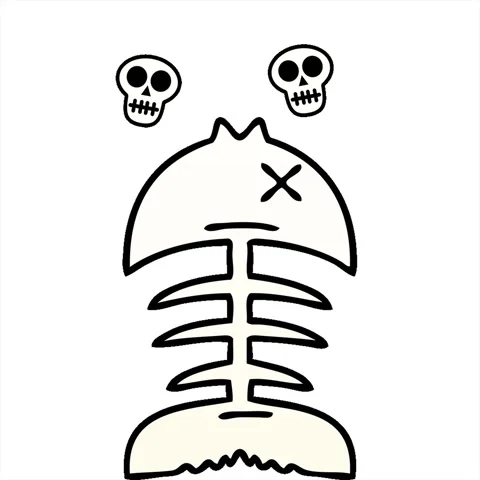 A simple looping animated gradient shaded quirky cartoon dead fish bone Stock Footage 312965805