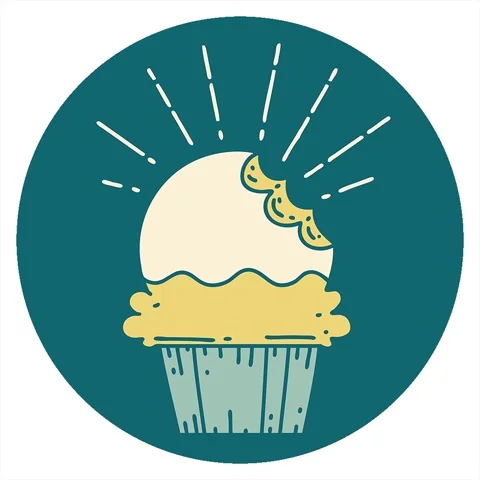 A simple looping animated icon of a tattoo style cupcake with missing bite 스톡 동영상 312989907