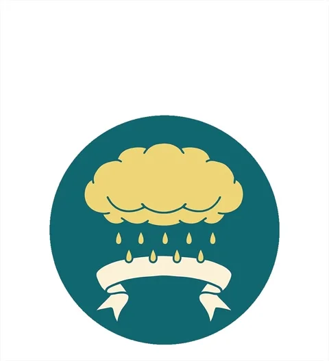A simple looping animated tattoo style icon with banner of a cloud raining Video stock 312983998