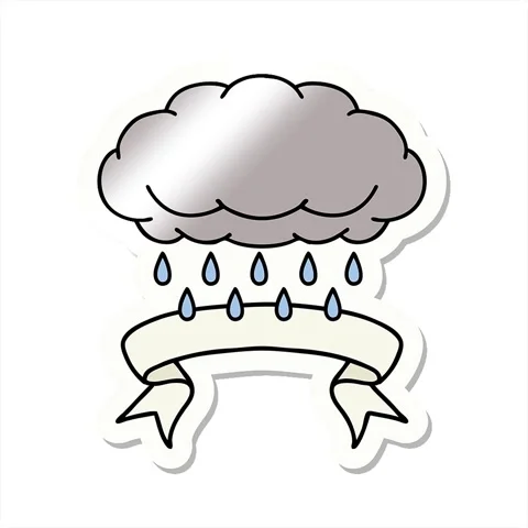 A simple looping animated tattoo style sticker with banner of a cloud raining Video stock 313008928