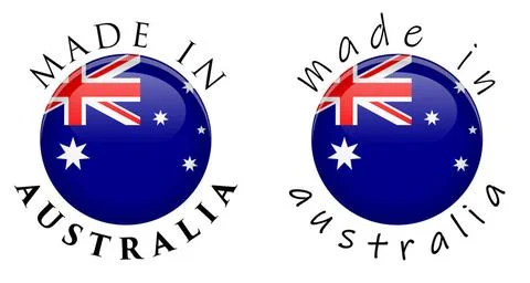 Simple Made in Australia 3D button sign. Text around circle with Australia... Stock Photos