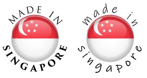 Simple Made in Singapore 3D button sign. Text around circle with national fla Stock Illustration