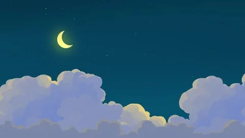 Simple magical cartoon sky and cloud animation with crescent moon Stock Footage 323484905