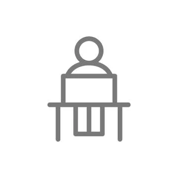 Simple man is sitting at the workplace with laptop line icon. Symbol and sign Stock Illustration