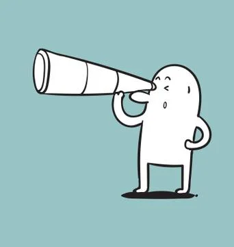 Simple man use binocular, Doodle vector illustration. Stock Illustration