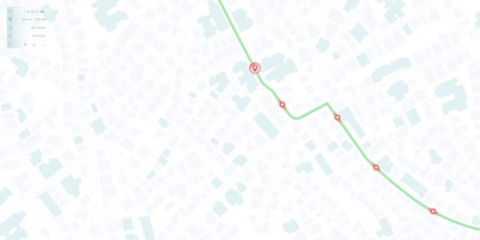 Simple map interface with green route and red location markers Stock-Illustration