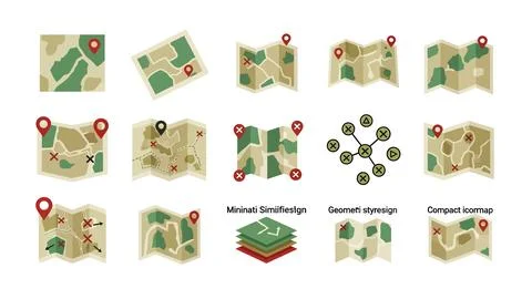 Simple map navigation icons for outdoor adventure and travel app interface. Illustrazione stock