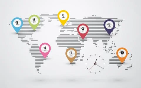 Simple map of the world with timestamps and clock Stock Illustration