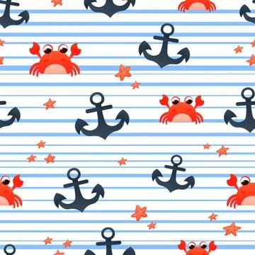 Simple marine seamless pattern with blue stripes, anchors and cute crab Illustrazione stock