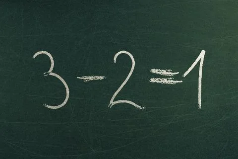 Simple math equation 3 minus 2 equals 1 스톡 사진