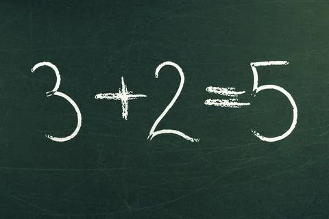 Simple math equation 3 plus 2 equals 5 Stock Photos