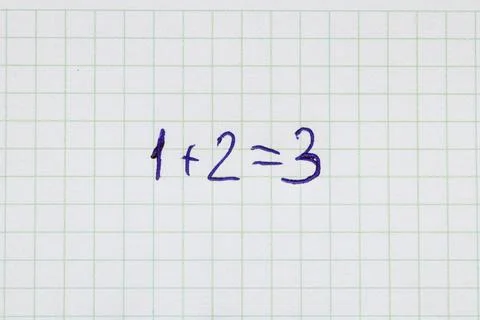 A simple math problem: 1 2 3, written in blue pen in a grid notebook. School, Stock Photos
