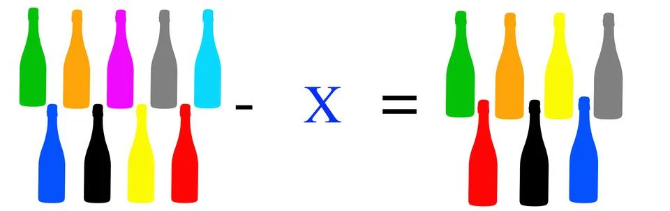 Simple math problems and exercises with objects Foto stock