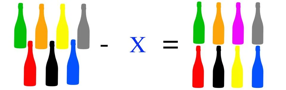 Simple math problems and exercises with objects Stock Photos