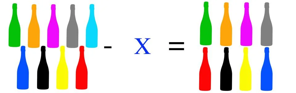 Simple math problems and exercises with objects Stock Photos