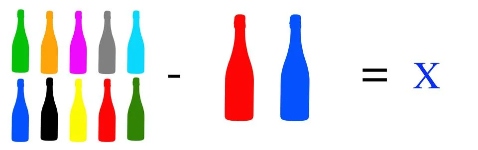 Simple math problems and exercises with objects Stock Photos