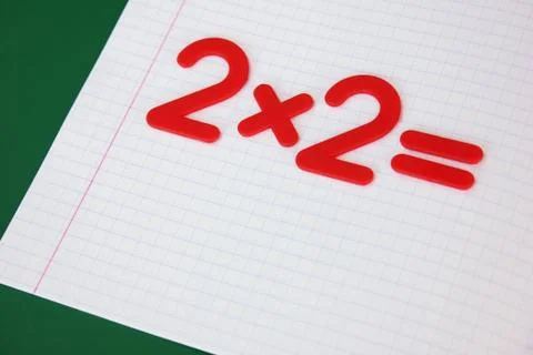 A simple mathematical example in a clean school notebook. Back to school. Stock Photos