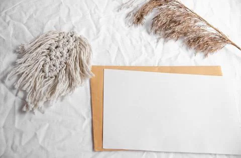 Simple minimal flat lay on white textile with dry earth color neutral beige w Stock Photos