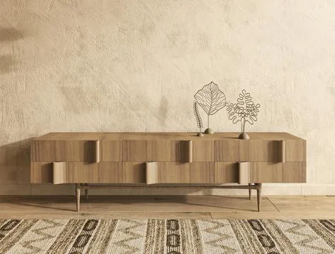 Simple minimal Nomadic style interior design. 3d render living room in neutral Ilustración de archivo