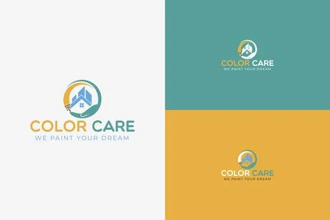 Simple minimalist flat logo design with a paint brush a house and a hand Stock Illustration