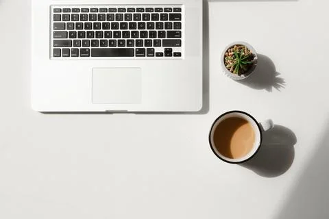 Simple Minimalistic Flat Lay Coffee, Laptop, and Succulent Plant for Work S.. Foto stock