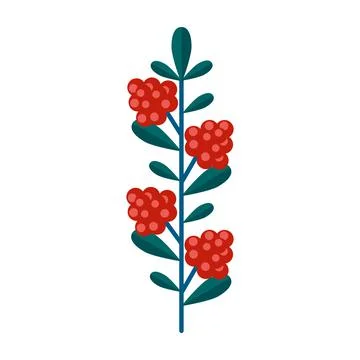 Simple minimalistic green branch of raspberry with leaves and red berries. Fl Stock Illustration