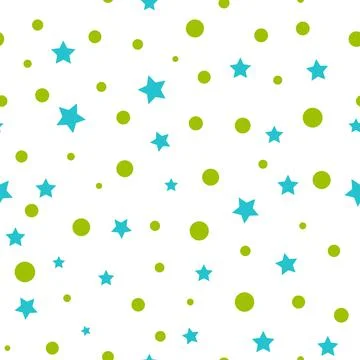 Simple minimalistic seamless pattern with green bubble circles and blue stars. Stock Illustration
