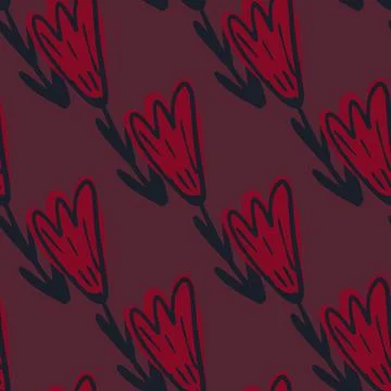 Simple minimalistic seamless pattern with tulip hand drawn flower shapes. Dar Stock Illustration