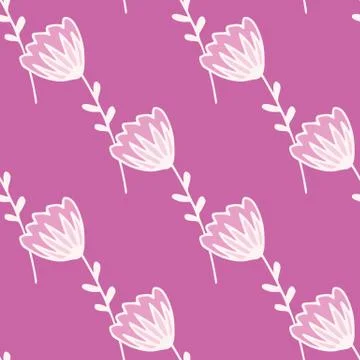Simple minimalistic seamless pattern with white contoured flower. Lilac backg Stockillustratie