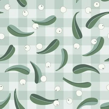 Simple Mistletoe branches cute seamless pattern on gingham background. Whit.. Stock Illustration