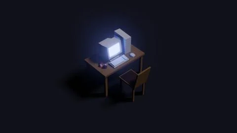 Simple mock up composition with old computer on dark background 3d render low Stock Photos