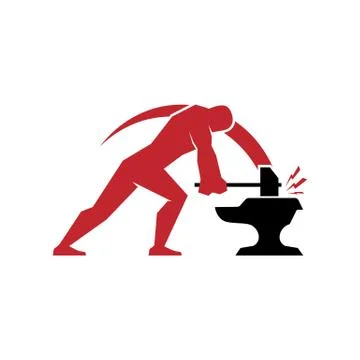 Simple modern blacksmith swinging a hammer on an anvil forging metal vector i Stock Illustration