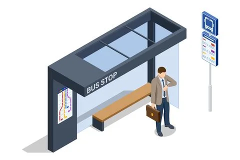A simple, modern isometric vector design of a bus stop. Includes a businessman Stock Illustration