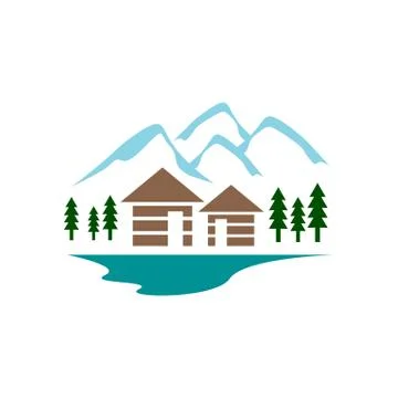 Simple modern log woods cabin logo with mountain and trees design vector illu Stock Illustration