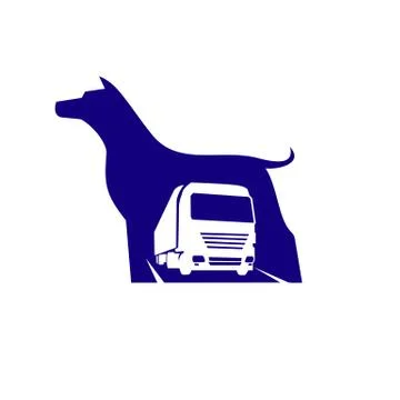 Simple modern negative space freight truck and dog vector icon Stock Illustration