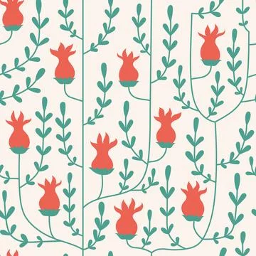 Simple modern vector seamless pattern with red abstract flowers, foliage Stock Illustration