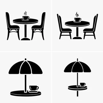 Simple monochromatic glyph features coffee tables with chairs and tables with Stock Illustration