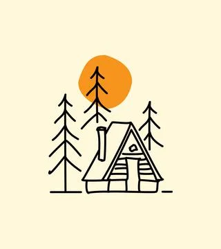 Simple monoline design cottage, trees and bright sun Stock Illustration