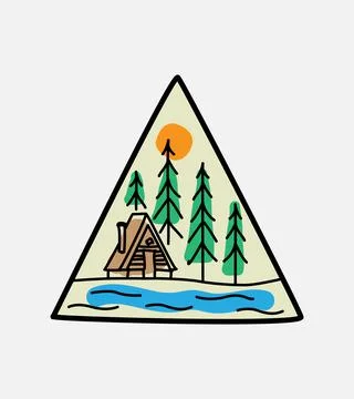 Simple monoline design of lodge by the river in monoline art style, badge design Stock Illustration