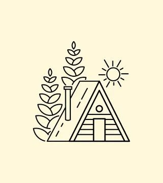 Simple monoline design lodge, trees and bright sun Stock Illustration
